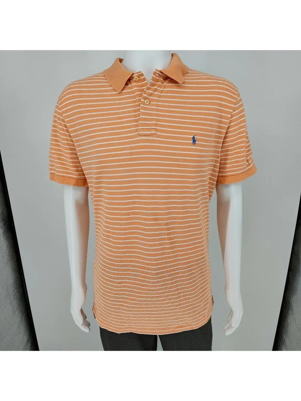 Polo by Ralph Lauren Orange Peach Striped Polo Blue Pony Logo (XL)
